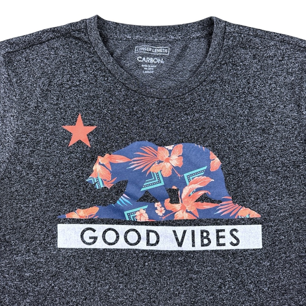 Good Vibes Long T-Shirt Women's Sz Large California Bear Graphic Tee Floral Gray